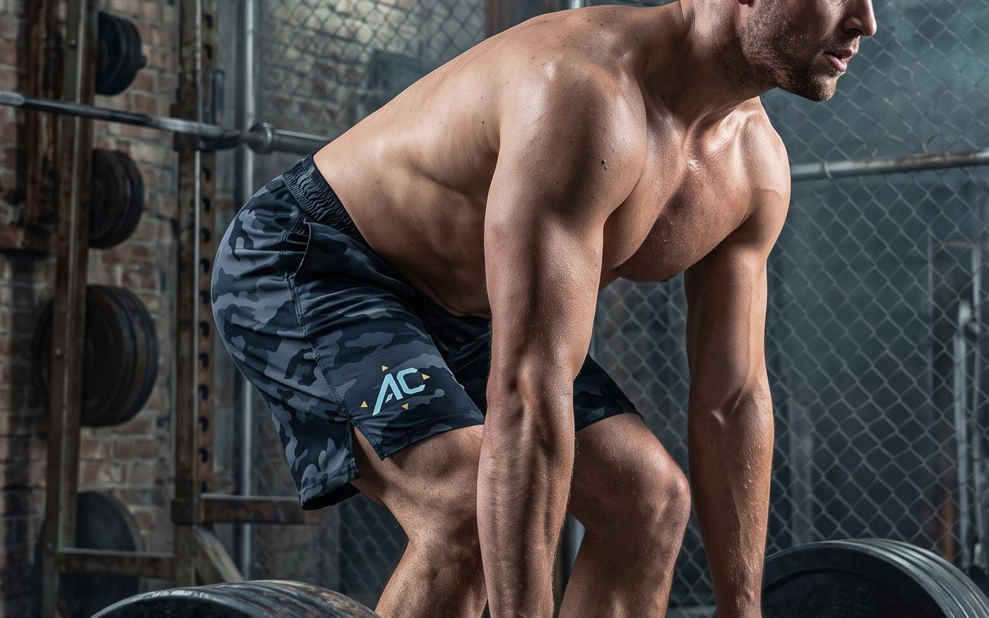 Athlete setting up over a barbell in All Corners shorts