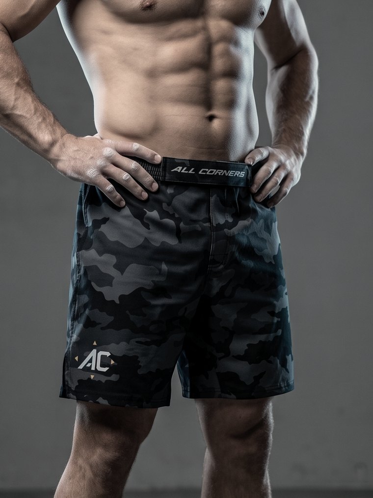 Studio shot of All Corners camo shorts