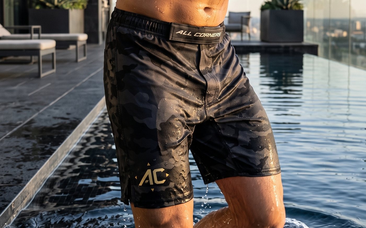 Athlete stepping out of a pool in All Corners shorts