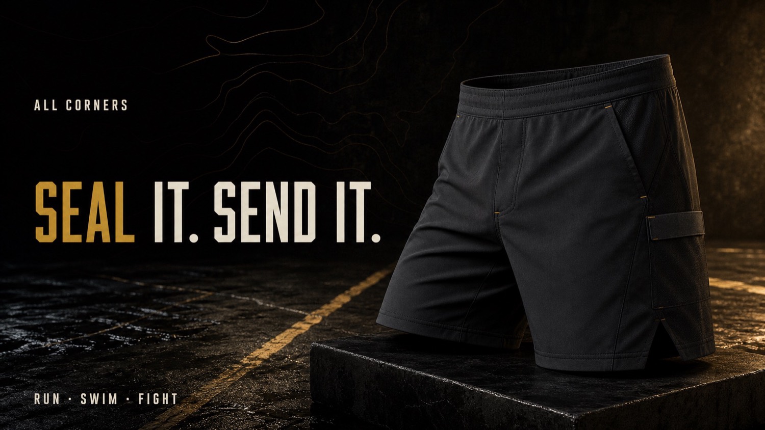 Concept render of black All Corners performance shorts with a gold-accented hook and loop seal flap over the side pocket